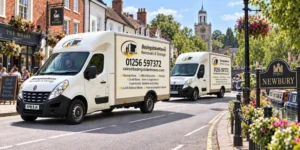 Basingstoke Moves removal vans beside the Kennet and Avon canal wharf in Newbury, Berkshire