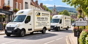 Basingstoke Moves removal vans on Petersfield high street, with the South Downs behind